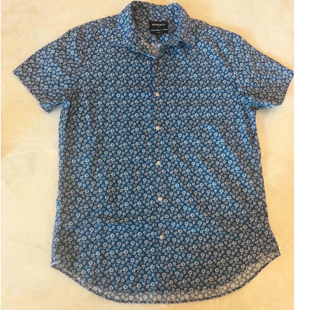 Bonobos Stretch Shirt Large Long Standard Fit Blue Floral Short Sleeve Button